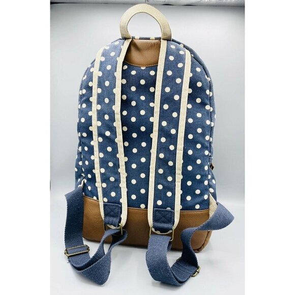 Navy Blue w White Polka Dots Backpack Cream Sparkle Trim Brown Faux Leather - Picture 3 of 9